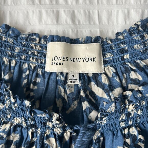 Jones New York Geometric Blue Peasant Boho Blouse Puff Sleeve Size Small - Picture 6 of 9